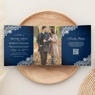 Navy Blue Wood Lace Photo QR Code Wedding Tri-Fold Invitation