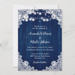 Navy Blue Wood Lace Romantic Rustic Chic Wedding Invitation