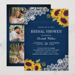 Navy Blue Wood Lace Sunflower Photo Bridal Shower Invitation
