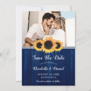 Navy Blue Wood Lace Sunflower Photo Wedding Save The Date