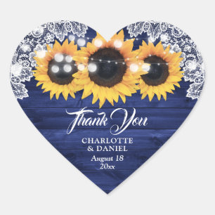 Navy Blue Wood Lace Sunflower Wedding Thank You Heart Sticker