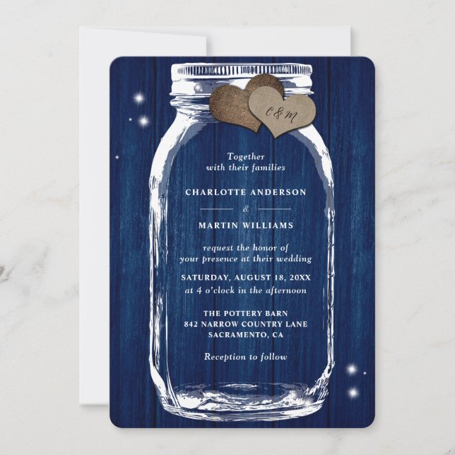 Navy Blue Wood Mason Jar Burlap Hearts Wedding Invitation (Front)