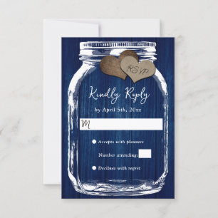 Navy Blue Wood Mason Jar Wedding RSVP Card