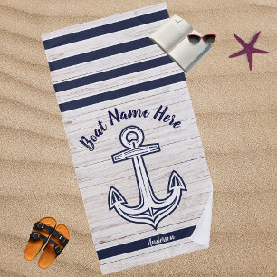 Navy Blue Wood Nautical Anchor Add Boat Name Beach Towel