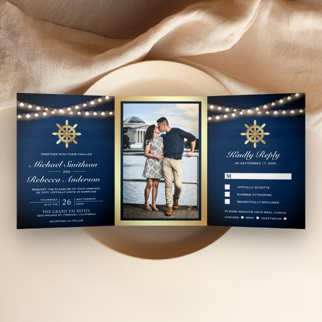Navy Blue Wood Nautical Gold Ship's Wheel Wedding Tri-Fold Invitation (Creator Uploaded)