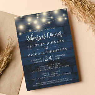 Navy Blue Wood String Light Rehearsal Dinner Invitation