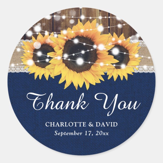 Navy Blue Wood String Lights Sunflower Wedding Classic Round Sticker (Front)