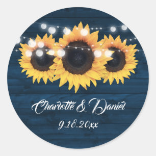Navy Blue Wood String Lights Sunflower Wedding Classic Round Sticker