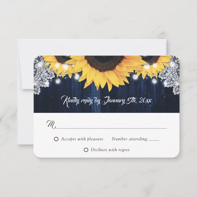 Navy Blue Wood String Lights Sunflower Wedding RSVP Card (Front)