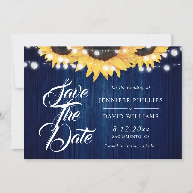 Navy Blue Wood String Lights Sunflower Wedding Save The Date (Front)