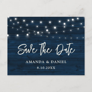 Navy Blue Wood String Lights Wedding Save The Date Postcard
