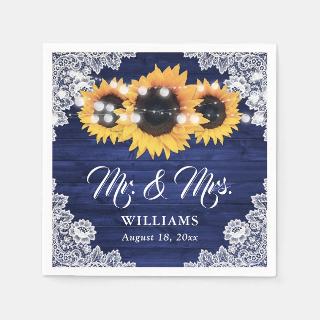 Navy Blue Wood Sunflower Floral Lace Wedding Napkin (Front)