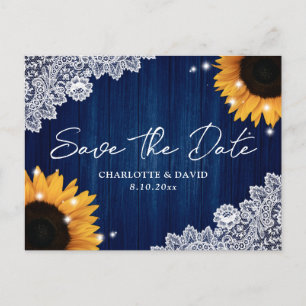Navy Blue Wood Sunflower Wedding Save The Date Announcement Postcard
