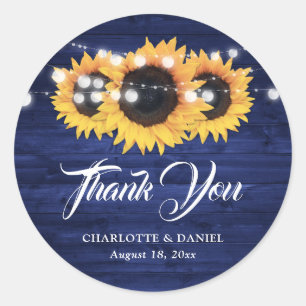 Navy Blue Wood Sunflower Wedding Thank You Favor Classic Round Sticker