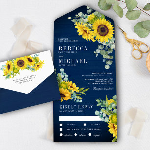 Navy Blue Wood Sunflowers and Eucalyptus Wedding All In One Invitation