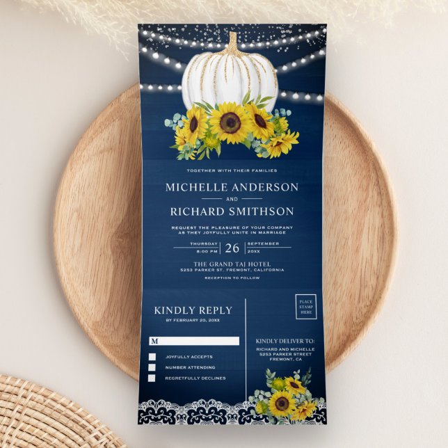 Navy Blue Wood Sunflowers White Pumpkin Wedding Tri-Fold Invitation (Creator Uploaded)