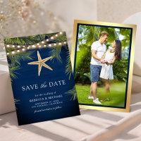 Navy Blue Wood Tropical Palm Leaf Starfish Wedding