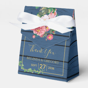 Navy Blue Wood Vintage Pink Roses & Gold Wedding Favour Box