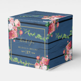 Navy Blue Wood Vintage Pink Roses & Gold Wedding   Favour Box