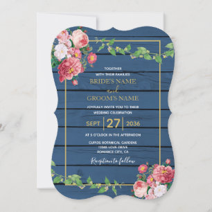 Navy Blue Wood Vintage Pink Roses & Gold Wedding Invitation