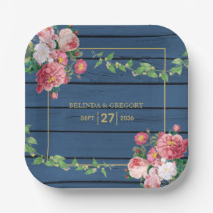 Navy Blue Wood Vintage Pink Roses & Gold Wedding Paper Plate