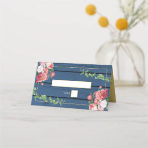 Navy Blue Wood Vintage Pink Roses & Gold Wedding Place Card