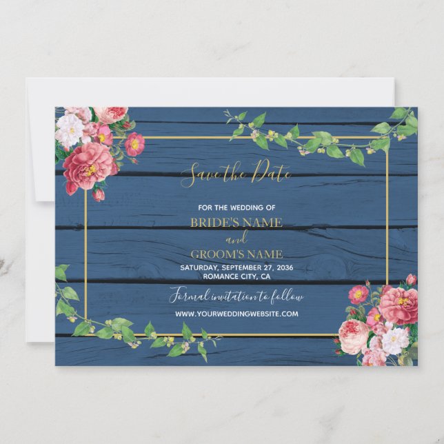 Navy Blue Wood Vintage Pink Roses & Gold Wedding Save The Date (Front)