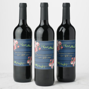 Navy Blue Wood Vintage Pink Roses & Gold Wedding Wine Label