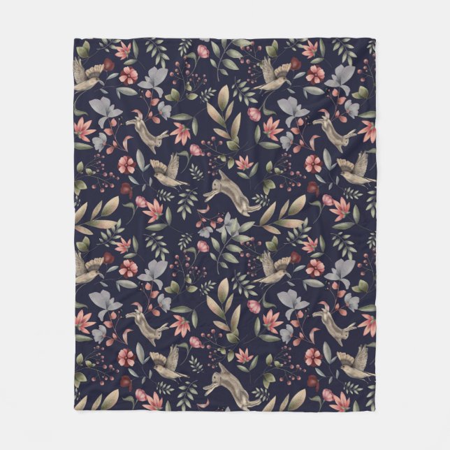 Navy Blue Woodland Animal Nature Botanical Pattern Fleece Blanket (Front)