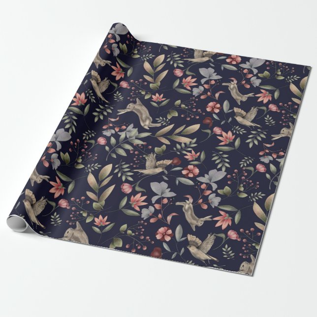Navy Blue Woodland Animal Nature Botanical Pattern Wrapping Paper (Unrolled)