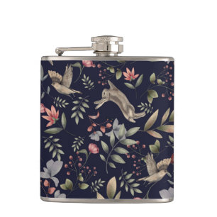 Navy Blue Woodland Animals Floral Leaves Pattern Hip Flask