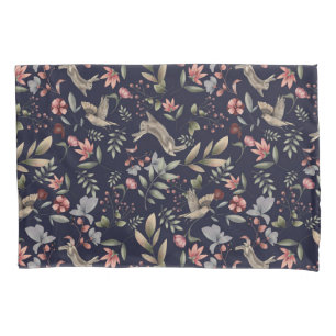 Navy Blue Woodland Animals Floral Leaves Pattern Pillowcase