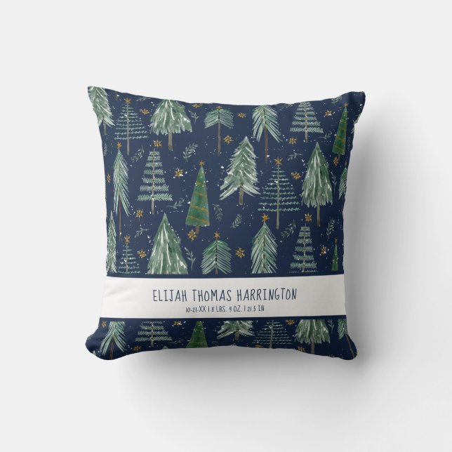 Navy Blue Woodland Forest Snowing Baby Birth Stats Cushion (Front)