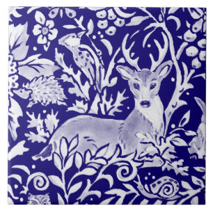Navy Blue Woodland MURAL Animal Deer Top Left Tile