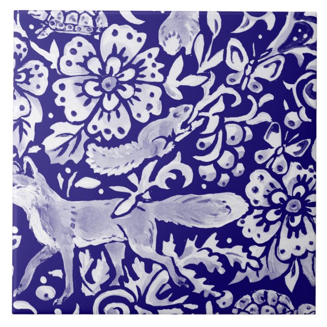 Navy Blue Woodland MURAL Animal Fox Bottom Right  Tile (Front)