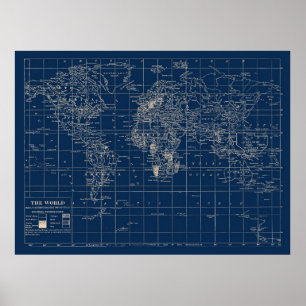 Navy Blue World Map Poster