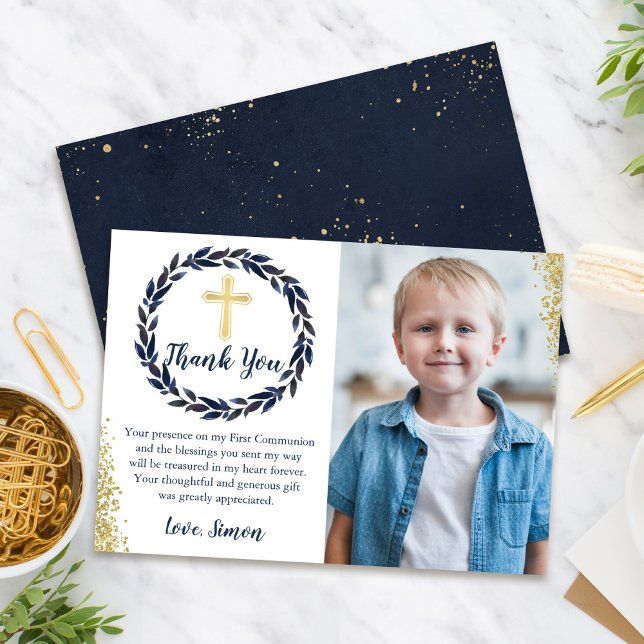 Navy Blue Wreath Gold Communion Thank you Card (Creator Uploaded)