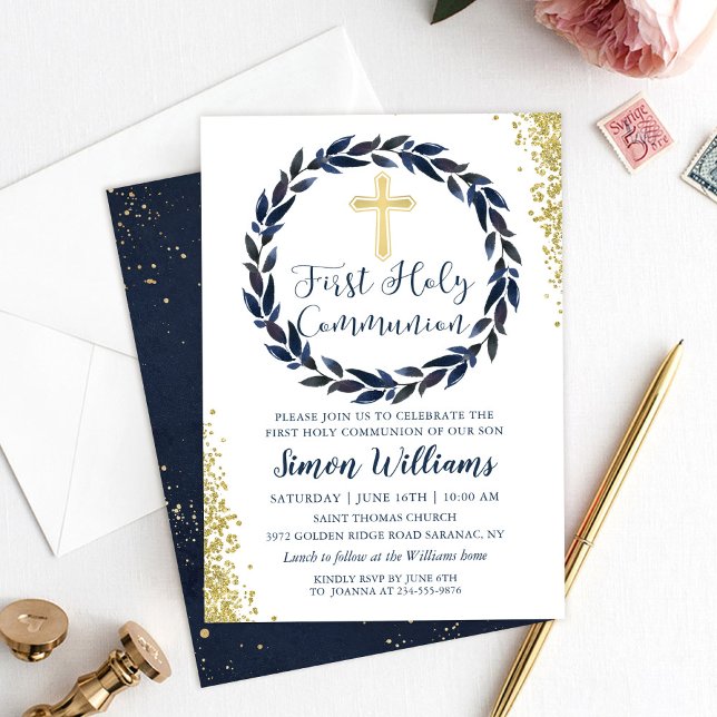 Navy Blue Wreath Gold Glitter First Holy Communion Invitation (Creator Uploaded)