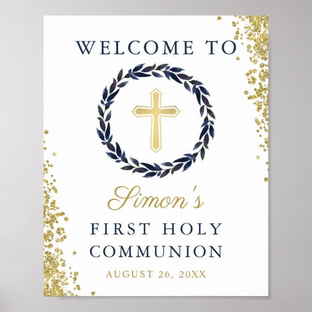 Navy Blue Wreath Gold Glitter First Holy Communion Poster (Front)