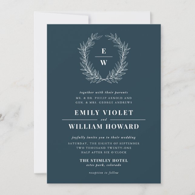 Navy Blue Wreath Monogram Wedding Invitation (Front)