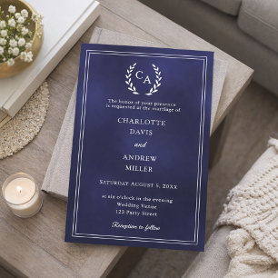 Navy blue wreath monogrammed simple wedding  invitation