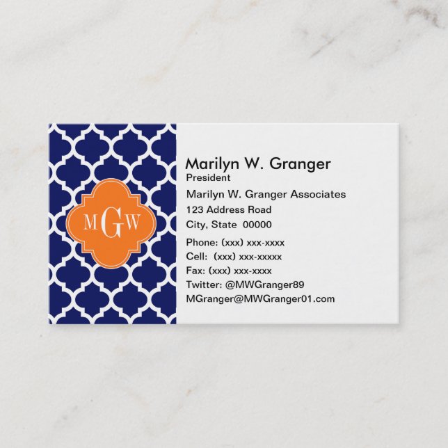Navy Blue Wt Chevron Pumpkin Quatrefoil 3 Monogram Business Card (Front)