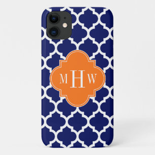 Navy Blue Wt Chevron Pumpkin Quatrefoil 3 Monogram iPhone 11 Case