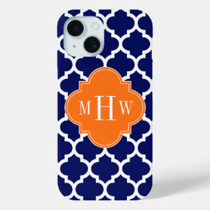 Navy Blue Wt Chevron Pumpkin Quatrefoil 3 Monogram iPhone 15 Case