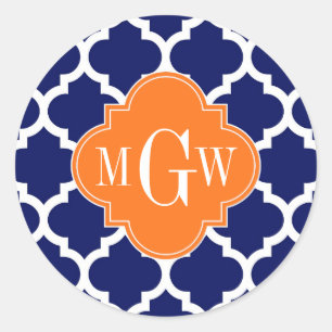 Navy Blue Wt Chevron Pumpkin Quatrefoil 3 Monogram Classic Round Sticker