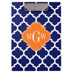 Navy Blue Wt Chevron Pumpkin Quatrefoil 3 Monogram Clipboard