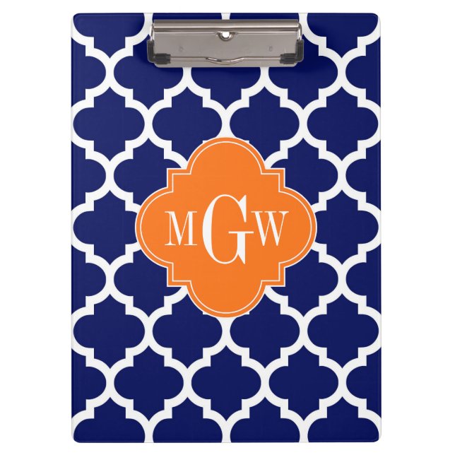 Navy Blue Wt Chevron Pumpkin Quatrefoil 3 Monogram Clipboard (Front)