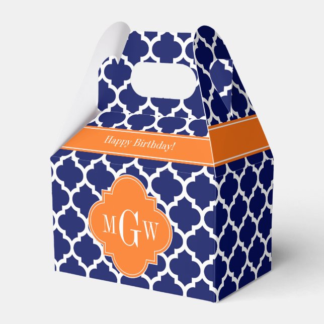 Navy Blue Wt Chevron Pumpkin Quatrefoil 3 Monogram Favour Box (Front Side)