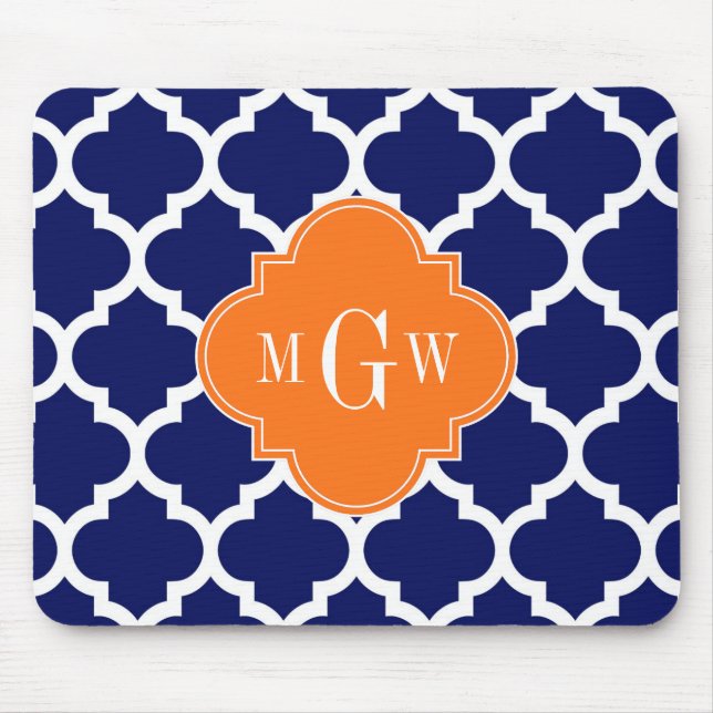 Navy Blue Wt Chevron Pumpkin Quatrefoil 3 Monogram Mouse Mat (Front)