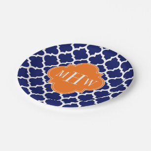 Navy Blue Wt Chevron Pumpkin Quatrefoil 3 Monogram Paper Plate